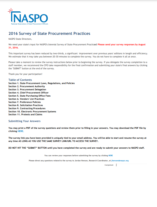 2016 Member Questions: Survey of State Procurement Practices