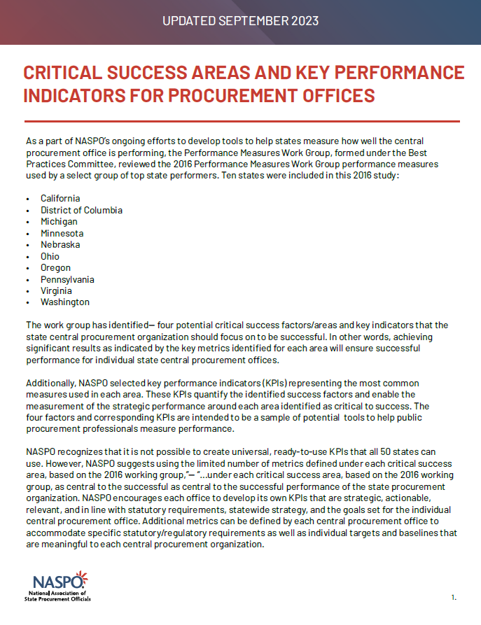Critical Success Areas and Key Performance Indicators for State Central Procurement Offices