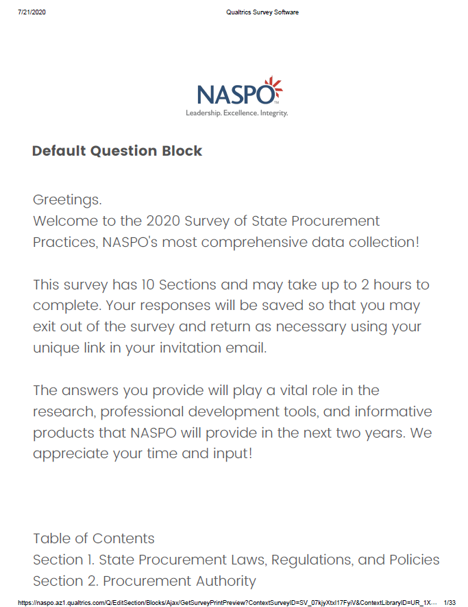 2020 Member Questions: Survey of State Procurement Practices